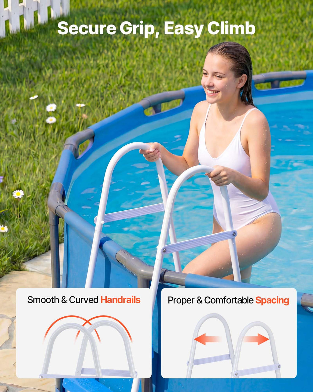VEVOR Above Ground Pool Ladder, 3-Step Steel A-Frame Swimming Pool Stairs for 36 in High Wall, 300 lbs Capacity Entry/Exit Steps with Secure Non-Slip Sturdy Wide Step, Easy Setup, White & Blue