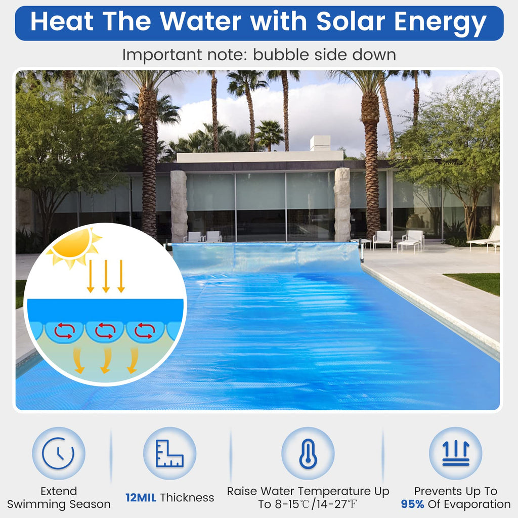 Goplus Pool Cover, 16 x 32 FT Solar Blanket 12 Mil with Carrying Bag for In-Ground and Above-Ground Swimming Pools, Rectangle Hot Tub SPA Thermal Blanket, Blue Bubble