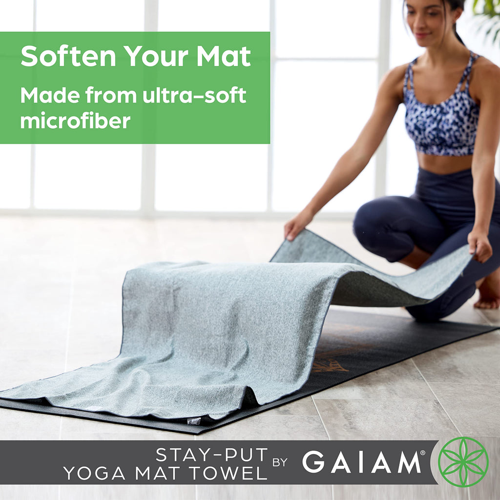 Gaiam Stay Put Yoga Towel Mat (Fits Over Standard Size - 68"L x 24"W), Lake, Large