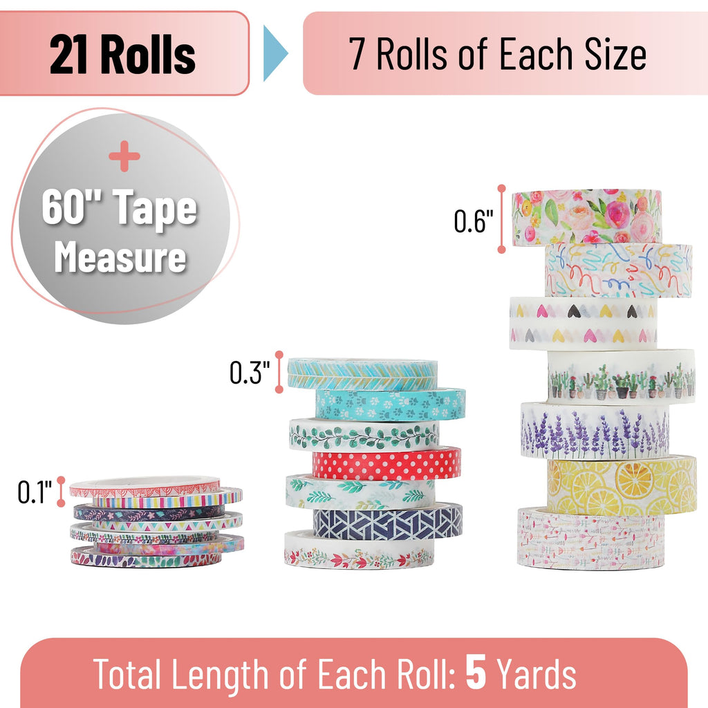 Washi Tape Set, 21 Rolls, Assorted Sizes, Floral