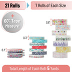 Washi Tape Set, 21 Rolls, Assorted Sizes, Floral