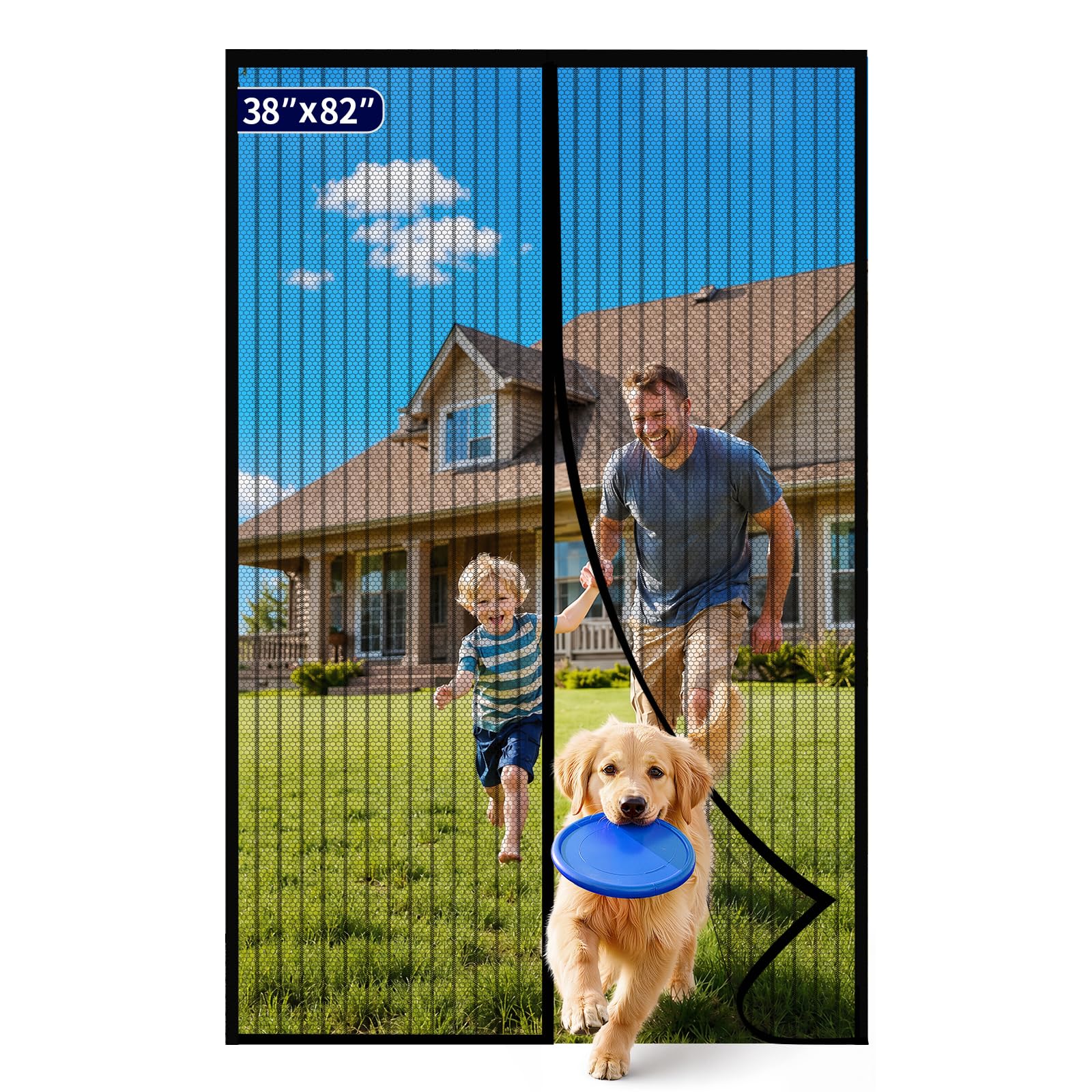 Magnetic Screen Door - 38.0'' x 82.0'' Retractable Screen Door Mesh for Entry Door or Sliding Door, Pet & Kid Friendly, Hands-Free Closure Keeps Bugs Out & Lets Breeze in, Stripe Black