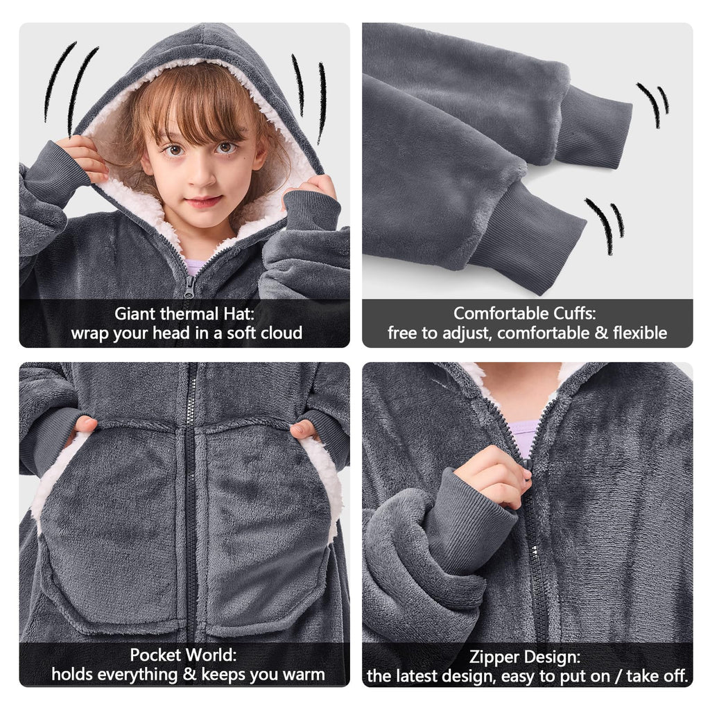 JOYWOO Kids Wearable Blanket Hoodie, Oversized Sherpa Hooded Blanket Birthday Christmas Gifts for Girl Boy, Cozy Sweatshirt Blanket with Giant Pocket and Zipper, Gray