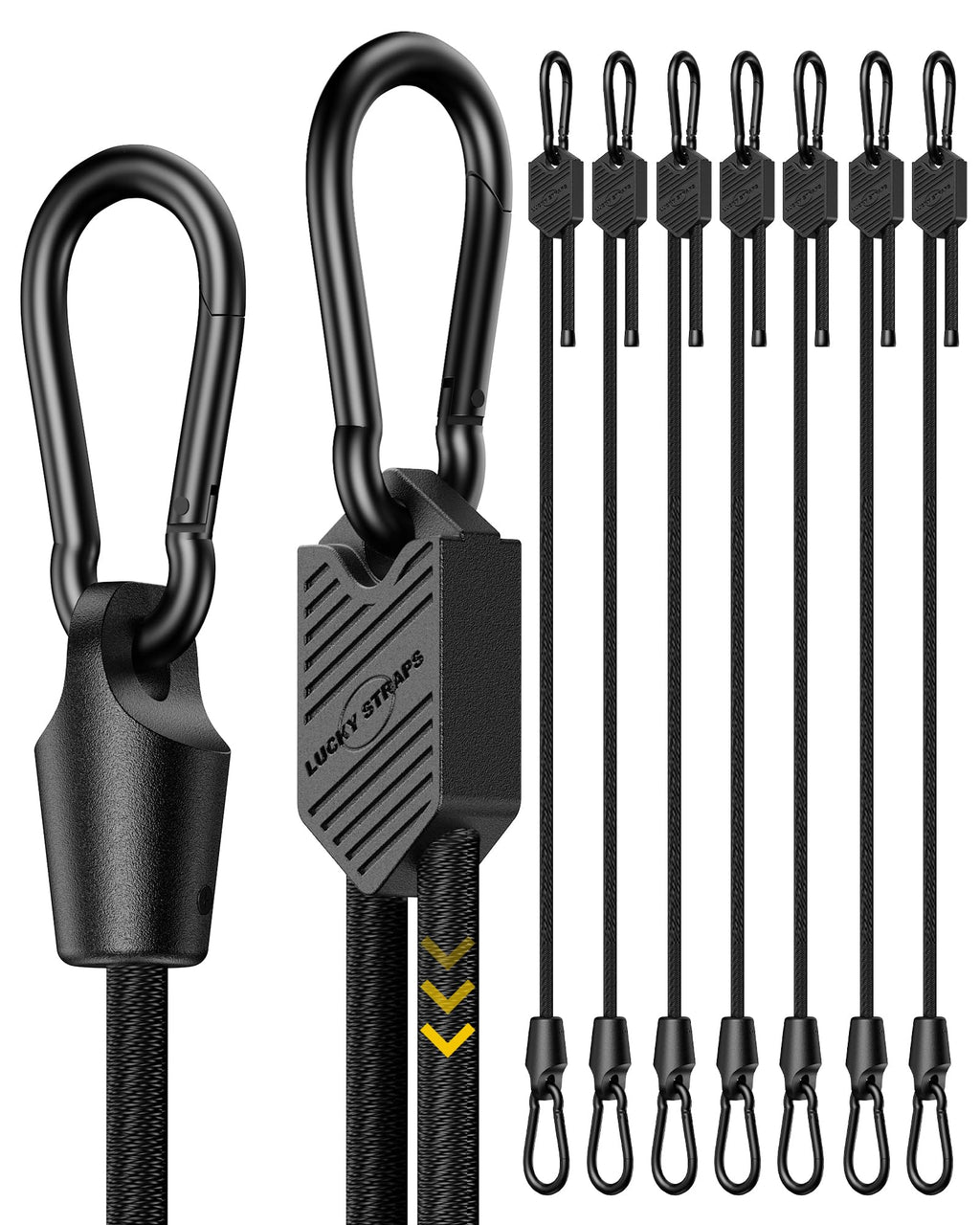 8 Pcs 48 Inch Adjustable Carabiner Bungee Cords with Hooks, Easy to Adjust from 7" to 48", Black Bungee Straps with UV-Resistance & Superior Elasticity for Cargo, Bike, Luggage, Carts, Truck, etc