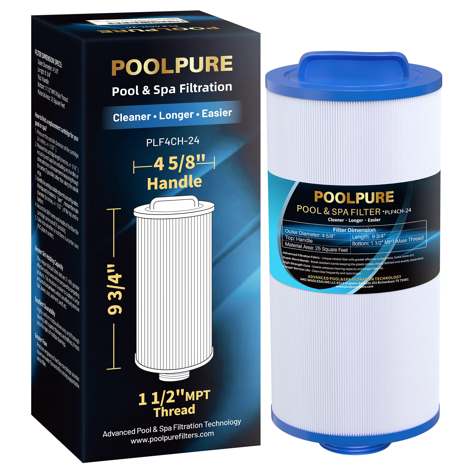 POOLPURE PLF4CH-24 Spa Filter Replaces Pleatco PGS25P4, Unicel 4CH-24, Filbur FC-0131, 20254-238, SD-00004, PAS-1217, 12519, AK-9004, SD-01103, Gatsby 25, 25 sqft Filter Cartridge 1 Pack