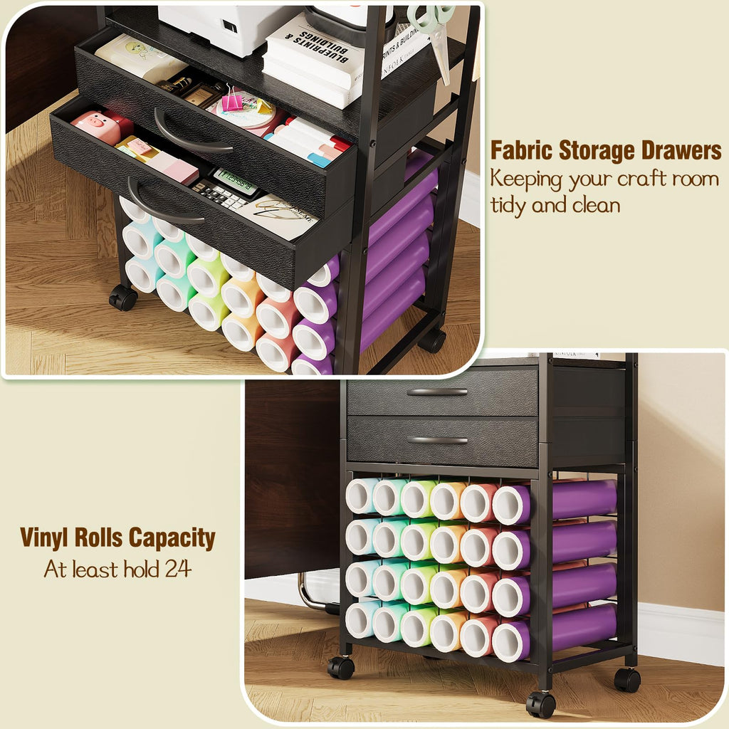 VENNQD Organizer and Storage Stand Compatible with Cricut Machines,Rolling Storage Cart/Shelf with 24 Vinyl Roll Holders，2 Fabric Drawer,Accessories Holder,Tool Hook for Craft Room Home (Black)