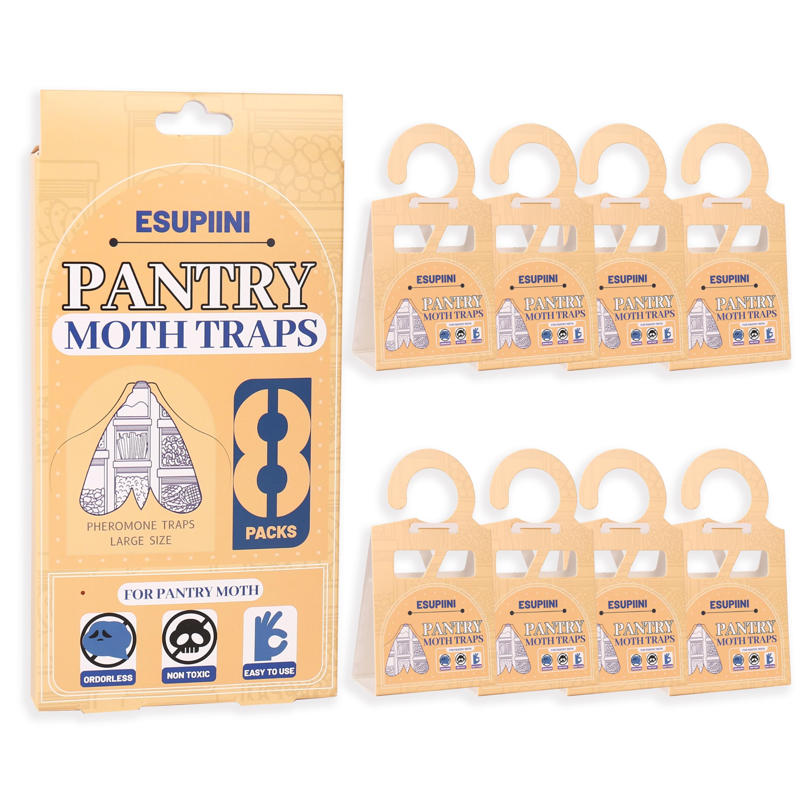 ESUPIINI Pantry Moth Traps 8 Pack Kitchen Cupboard Cabinet Pest Traps with Pheromones Food Grain Seed Indian Meal Moth Traps with Hook