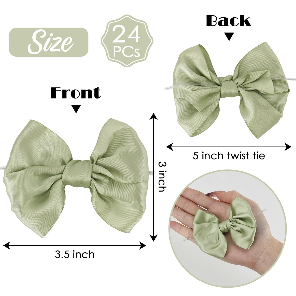AIMUDI Sage Green Satin Ribbon Twist Tie Bows for Treat Bags 3.5" Sage Bows for Crafts Small Bows for Wedding Decor Premade Bows for Cake Pops Candy Apple Bridal Shower Favors Baby Shower -24 Counts
