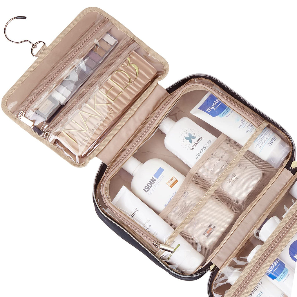 NISHEL Travel Toiletry Bag for women, Portable Hanging Organizer for Full-Sized Shampoo, Conditioner, Brushes Set, Makeup Accessories, Large Size, Black