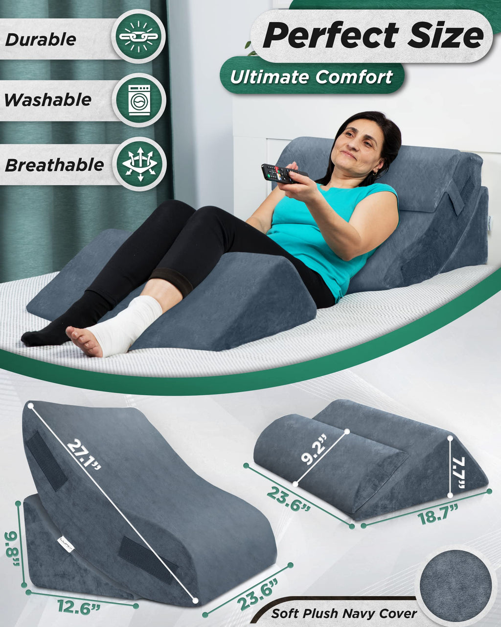 Lunix 4pcs Orthopedic Bed Wedge Pillow Set, Post Surgery Memory Foam for Back, Knee, Leg Pain Relief, Adjustable Sitting Pillow for Sleeping, Acid Reflux, GERD, with Hot Cold Pack, 100% Navy