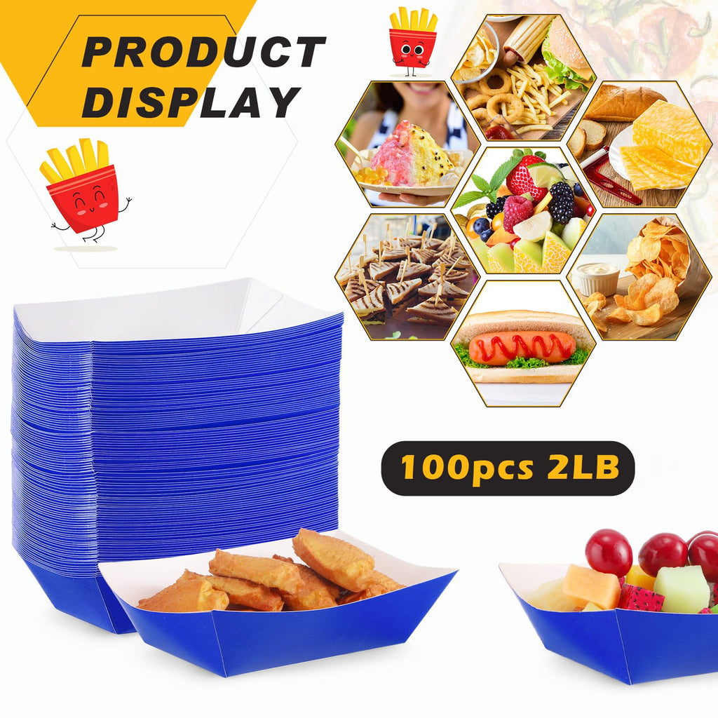 Yinkin 100 Pcs 2lb Paper Food Trays Boat 2lb Disposable Nacho Trays Kraft Paper Boat for Tacos Concession Halloween Christmas Party Supplies (Blue)