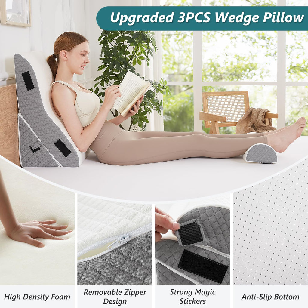 Longering 3 PCS Upgraded Bed Wedge Pillow for Sleeping - 35D Post Surgery Pillow for Back Leg Pain Relief - 22" Wide Adjustable Triangle Wedge Pillow Set for Acid Reflux & GERD & Snoring(white grey)