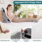 Longering 3 PCS Upgraded Bed Wedge Pillow for Sleeping - 35D Post Surgery Pillow for Back Leg Pain Relief - 22" Wide Adjustable Triangle Wedge Pillow Set for Acid Reflux & GERD & Snoring(white grey)