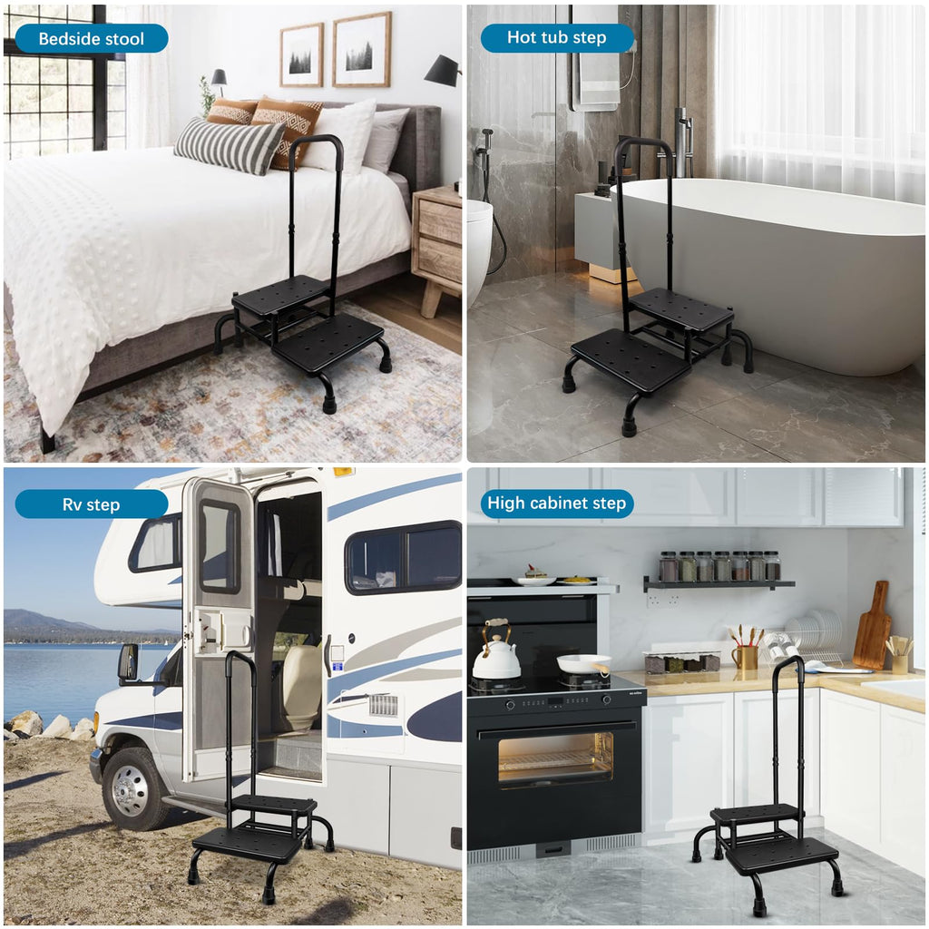Gyykzz 2 Step Stool with Handle for Elderly, Upgrade Heavy Duty Medical Step Stool with 5 Legs, Bed Steps for High Beds with Adjustable Handrail and Non-Slid Platform for Adults, Seniors and Handicap