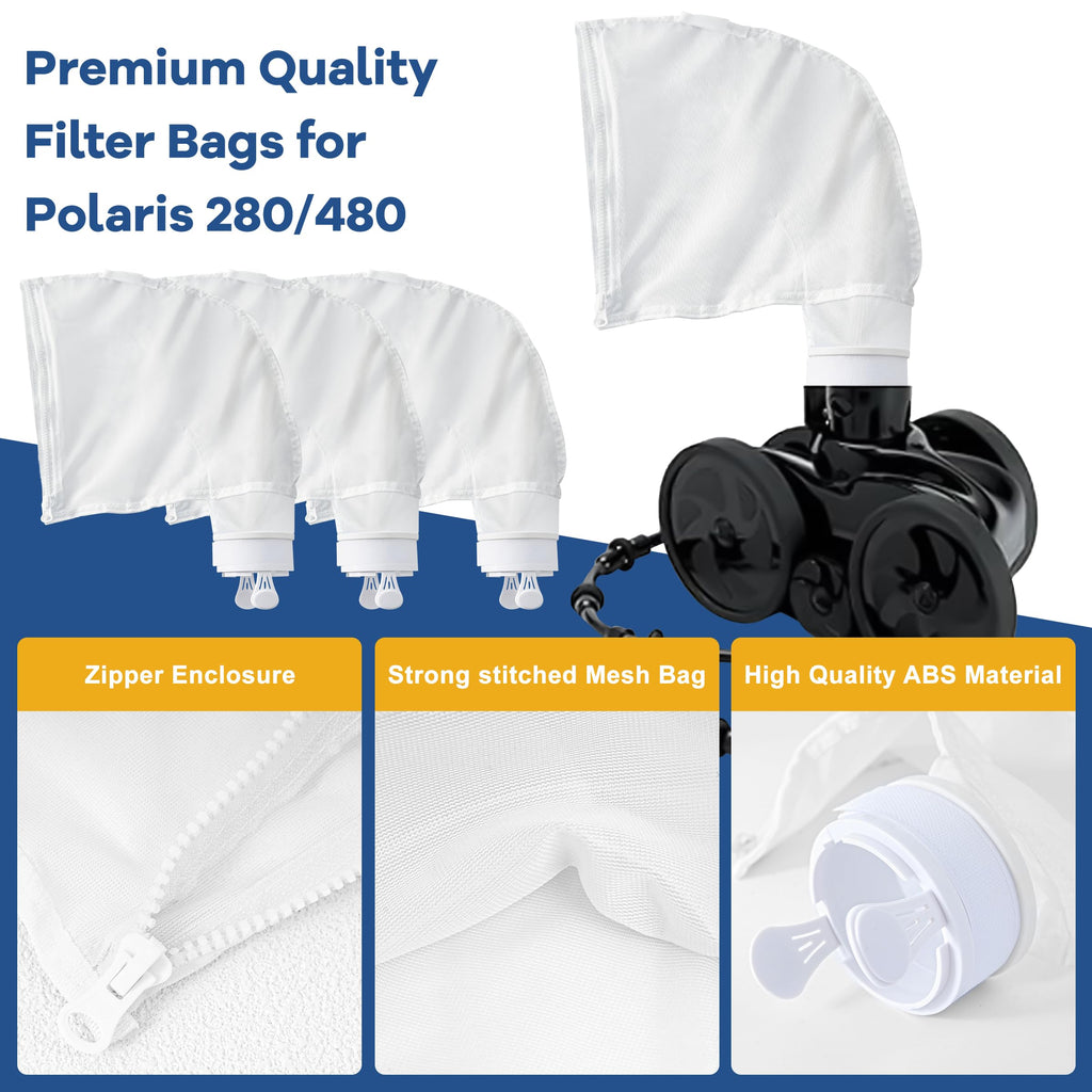 TaShow Pool Cleaner Bags, 4 Pack Pool Sweep Bag, Nylon Mesh Pool Vacuum Bag Replacement, All Purpose Bag with Zipper Enclosure, Pool Spa Part Fits Polaris 280, 480, Durable Filter Bag for K13, K16