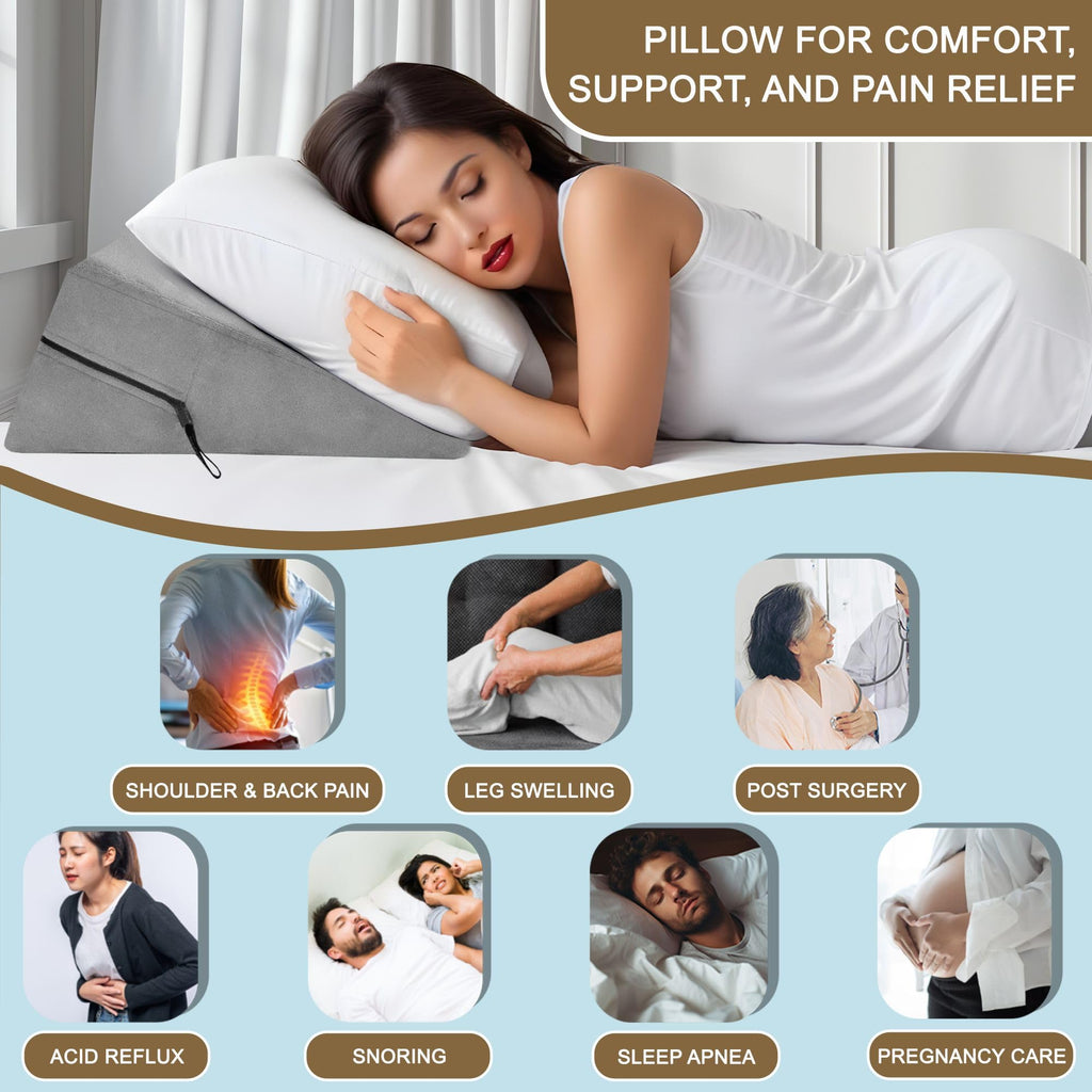 sokoro Bed Wedge Pillow for Sleeping, Side Sleeper Pillow, Back Pain Relief, Sleep Apnea, Snoring, GERD Acid Reflux, Knee Leg Elevation Pillows for After Surgery Gifts Seniors, Body Positioner, Grey