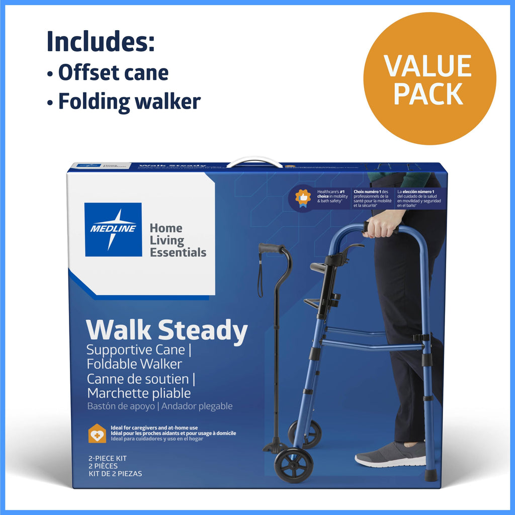 Medline Walker and Cane Combo Kit for Caregivers, Seniors and Adults: Mobility Aid for Seniors, Adults with Leg or Foot Injuries - 1 Ct.