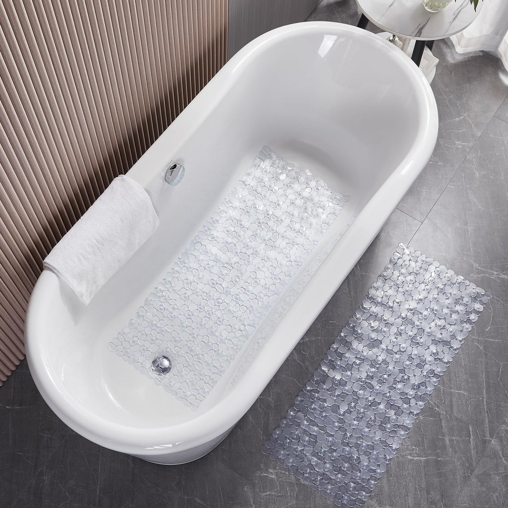 Webos Bath Shower Mat Non Slip: Extra Large Pebble Bathtub mat for Kids, Elderly, Anti Slip Shower Matt with Drain Holes Suction Cups Tub Mat - 16 X 40 Inch Clear
