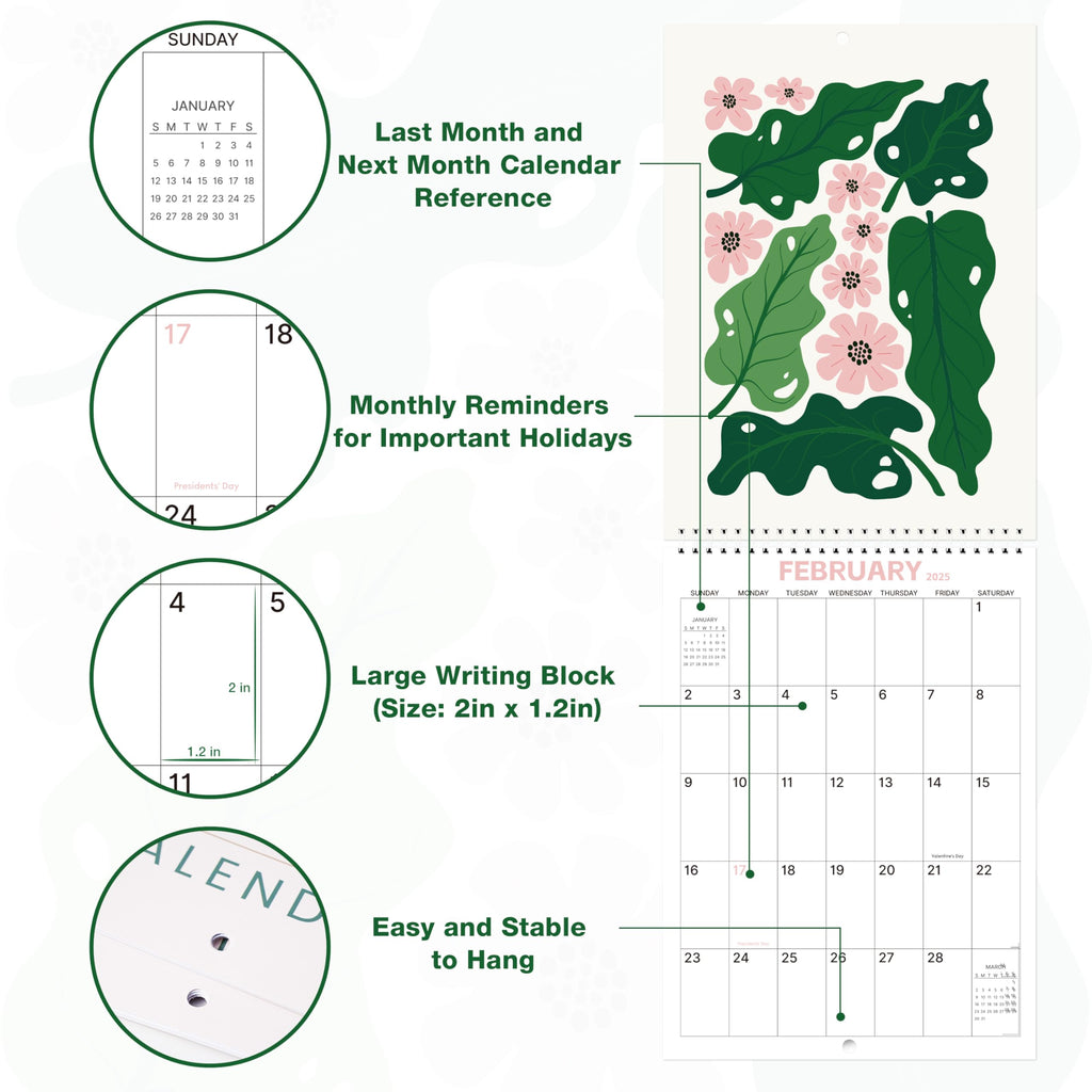 2025 Calendar - 2025 Wall Calendar 12 Months from Jan. 2025 to Dec. 2025, 8.5" x 23.4"(Open), The Perfect Matisse Style Calendar Planner with Ample Blocks for Writing, Beautiful Flower Calendar 2025
