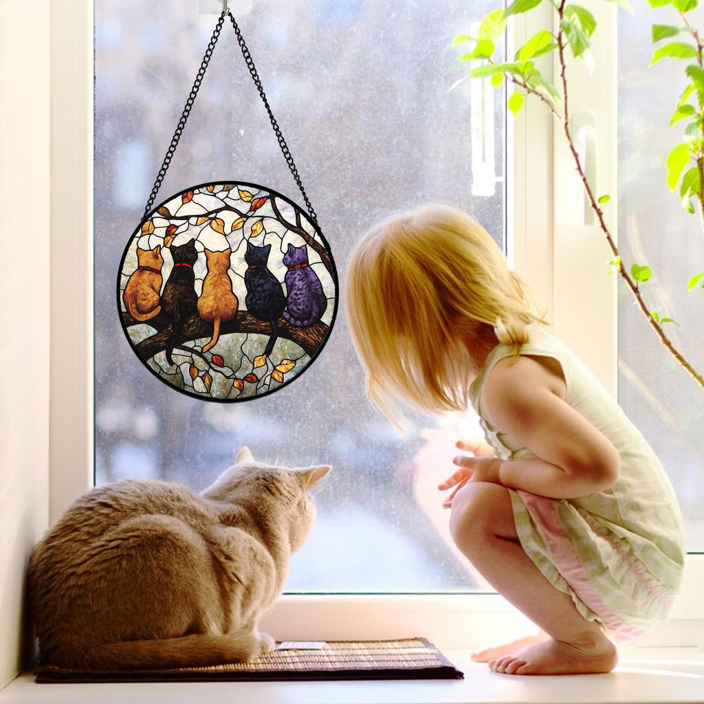 DASTOLL Stained Glass Window Hanging - 5 Cats on a Branch Suncatcher for Window Doors Home Decoration and Christmas, Mother's Day Father's Day Birthday Gifts for Women, Men, and Mom 6.3x6.3 in