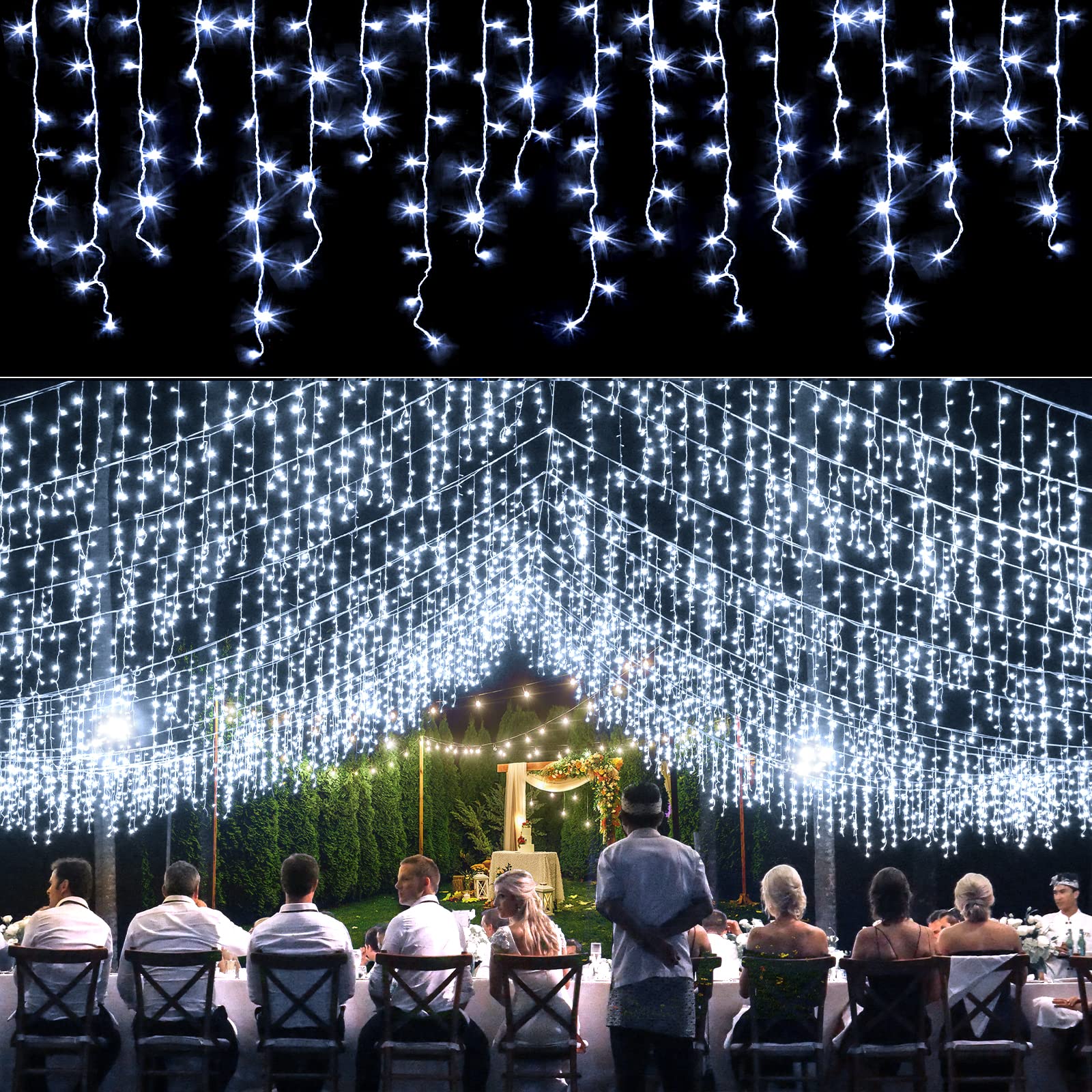 Icicle lights Outdoor - 33ft Christmas Lights with 400LED 75 Drops 8 Modes, Plug in Curtain String Lights Waterproof for Holiday Wedding Party Home Garden Bedroom Indoor Outdoor Decoration, Cool White