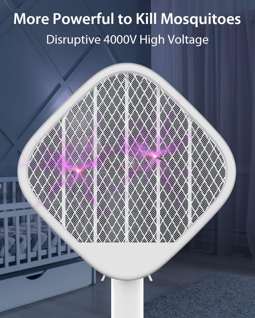 Electric Fly Swatter Racket Fly Zapper - Powerful 4000V Mosquito Zapper Racket & Night Bug Zapper 2 Modes, Foldable Hanging Standing Handheld Rechargeable Fly Killer, 3-Layer Safe for Humans Pets
