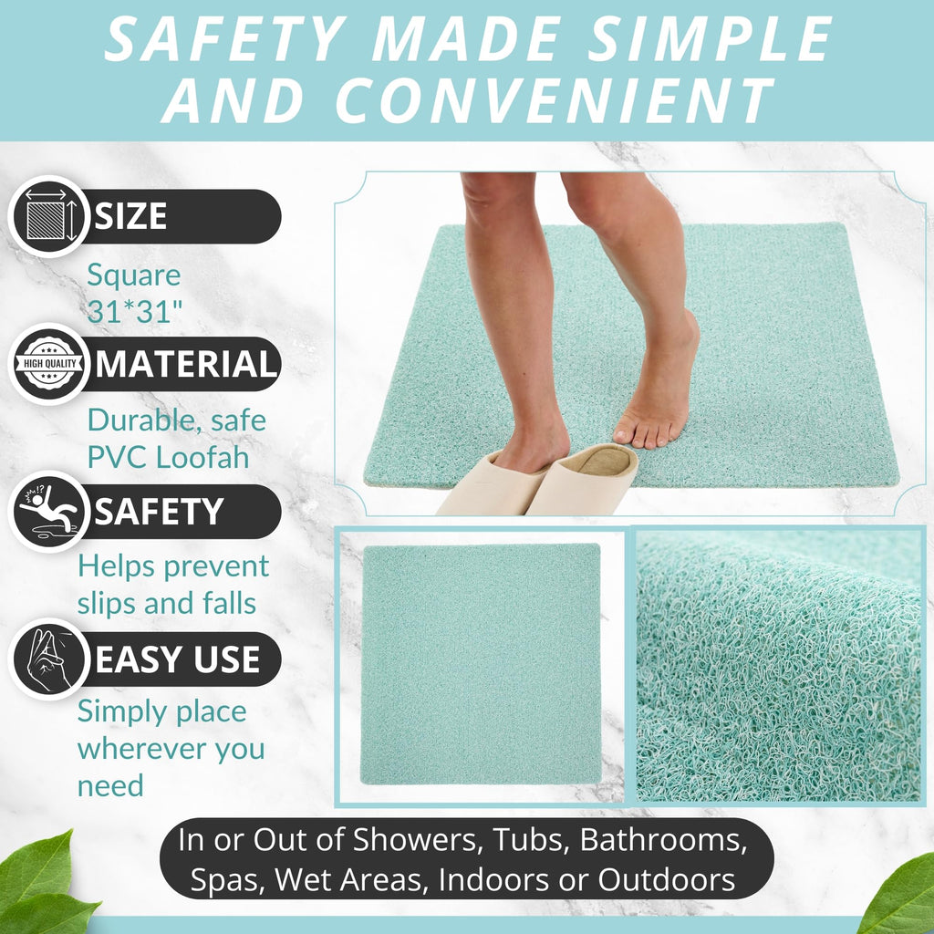 Square Shower Mat - Non Slip Shower Mats for Inside Shower - Extra Large 31x31 Shower Floor Mat Non Slip - Square Bath Mat for Shower - Secure Anti Slip Loofah Shower Bath Mat (31x31 Aqua Green)