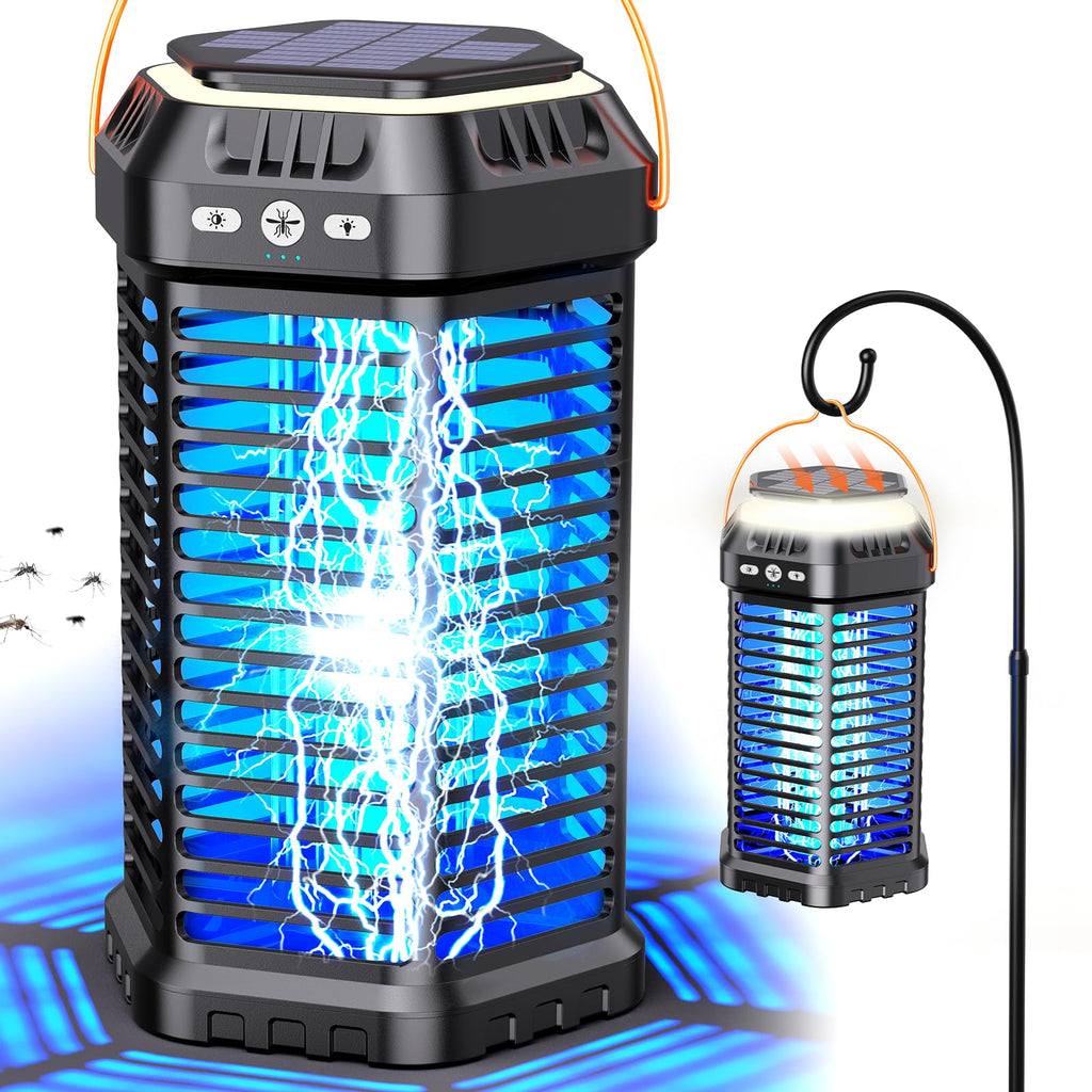 GTERT Solar Bug Zapper Outdoor – Ultra-Strong Fly & Mosquito Zapper, Solar-Powered Rechargeable Bug Zapper, Portable Cordless Insect Zapper, Foldable Adjustable Outdoor Light, IP66 Waterproof (Black)
