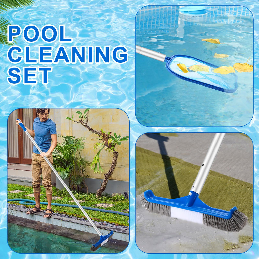 Potchen 3 Pcs Pool Cleaning Kit with Hand Skimmer Net, 47.24" Aluminum Pole and 17.5" Long Pool Brush Maintenance Accessory Tool for Above Ground Inground Ponds Home Tubs Spa