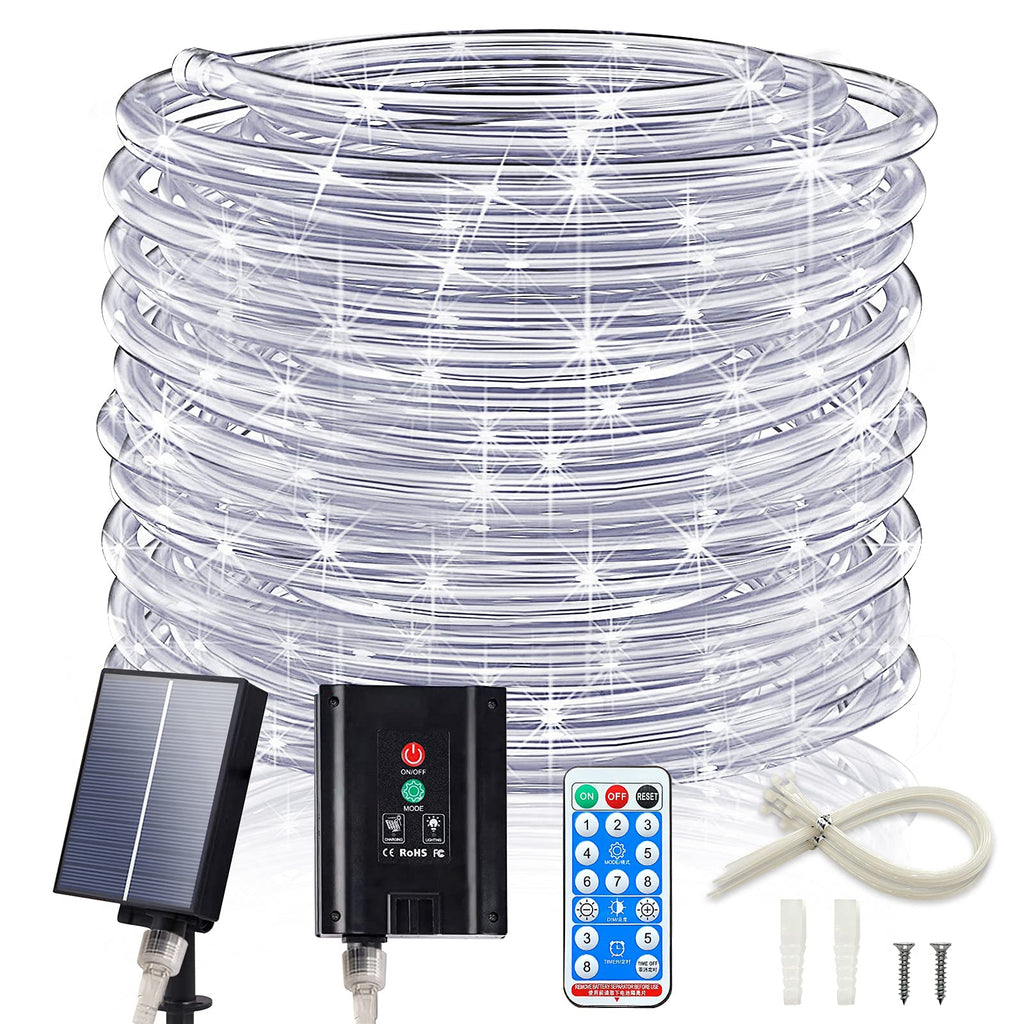 ICRGB Solar Rope Lights Outdoor, 66FT 200LED Solar Christmas String Lights with Remote, IP67 Waterproof Outdoor Lights, Timing, 8 Modes, Garden Christmas Lights Decorative for Porch Tree Pool, White