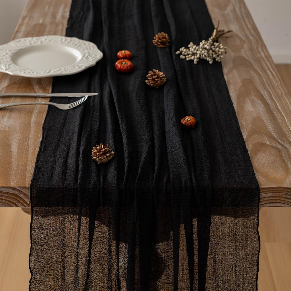 Keketo 6pcs Halloween Table Runner Black Cheesecloth Gauze Rustic Premium Cotton Cheese Cloth Table Runner 120 Inch 10 FT for Wedding Bridal Baby Shower Long Sheer Boho Christmas Decorations