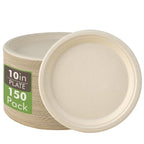 Vplus 150 Pack Compostable Disposable Paper Plates 10 inch Super Strong 100% Bagasse Natural Biodegradable Eco-Friendly Sugarcane Plates(nature)