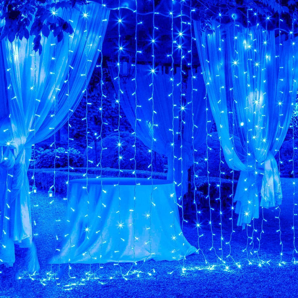 JMEXSUSS 300LED Blue Curtain Lights, Christmas Curtain Hanging Lights with Remote, Blue String Lights for Bedroom Wall Window Backdrop Garden Christmas Indoor Outdoor Decorations