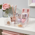 Clear Plastic Small Countertop Vanity Makeup Organizer, Compact Rectangular 4-Compartment Holder for Brushes, Eyeshadow Palettes, & Beauty Supplies, Made in USA