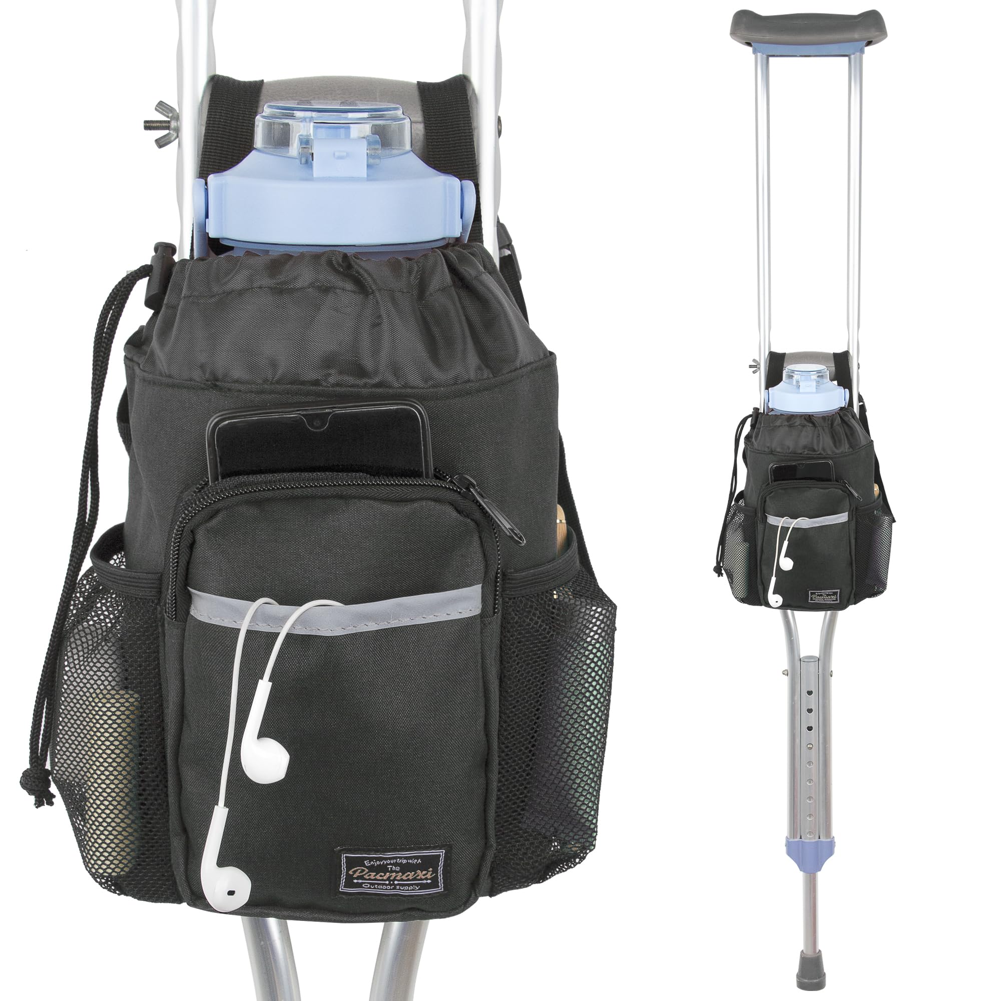 Crutch Bag Lightweight Crutch Accessories Storage Pouch with Reflective Strap and Front Zipper Pocket for Universal Crutch Bag to Keep Item Safety (Large)