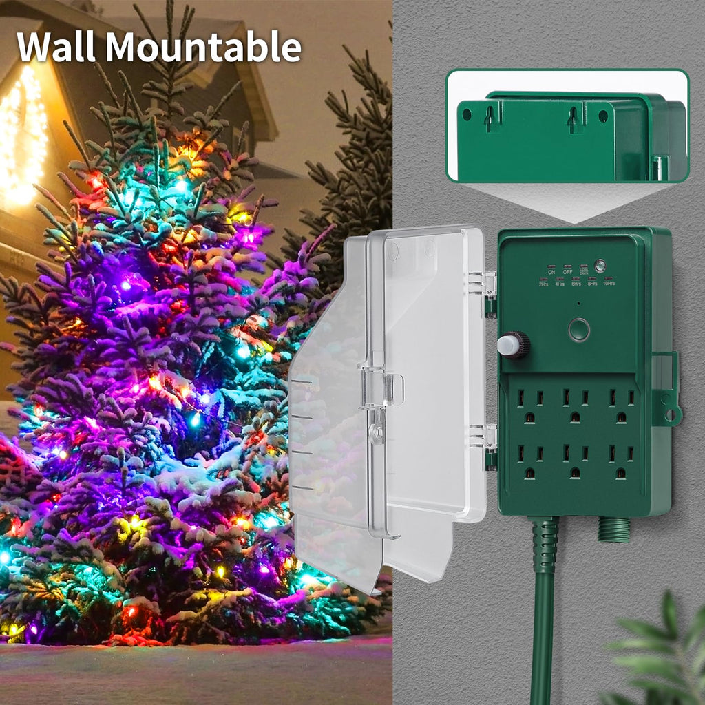 SURAIELEC Outdoor Power Stake Light Timer, Dusk to Dawn, 6 Electrical Outlet Power Strip Weatherproof, 6FT Extension Cord Multiple Outlet for Patio Lights, Sprinkler, Garden, Christmas Decorations