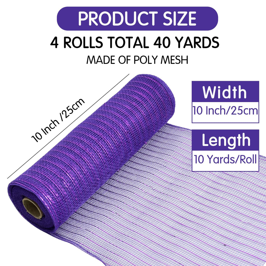TONIFUL 4 Rolls 10 Inch Black/Orange/Purple/Green Decorative Mesh Ribbbon Rolls, for Wreath Supplies Front Door Wreath Craft Tree Decor Christmas NewYears Halloween Decoration (30ft/roll, 120ft/Set)