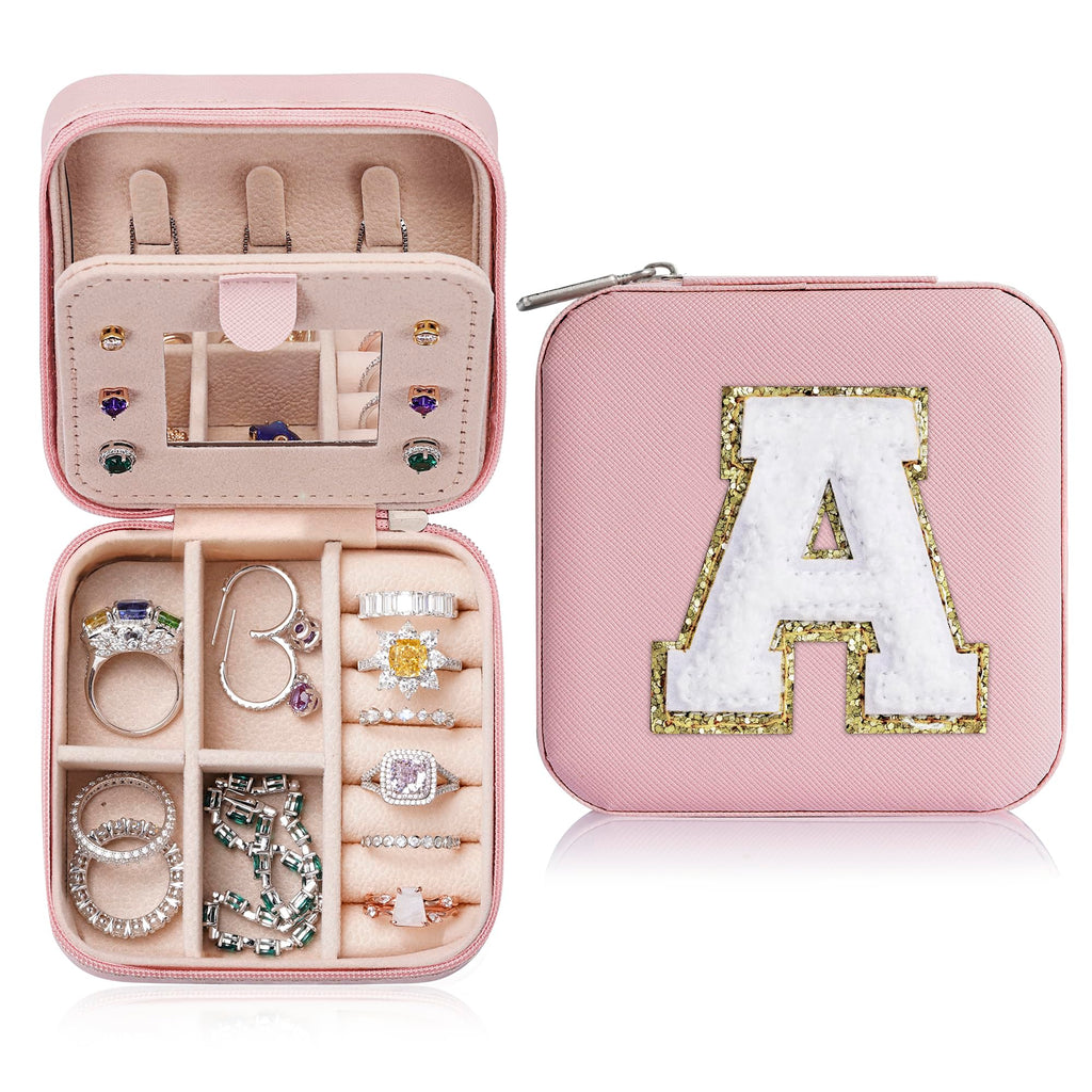 Parima Travel Jewelry Organizer Stocking Stuffers - Sturdy and Trendy Jewelry Box for Girls, Jewelry Case Ideas, Teen Girls Gifts Trendy Stuff, Birthday Christmas Gifts for Women Girls, Letter A, Pink