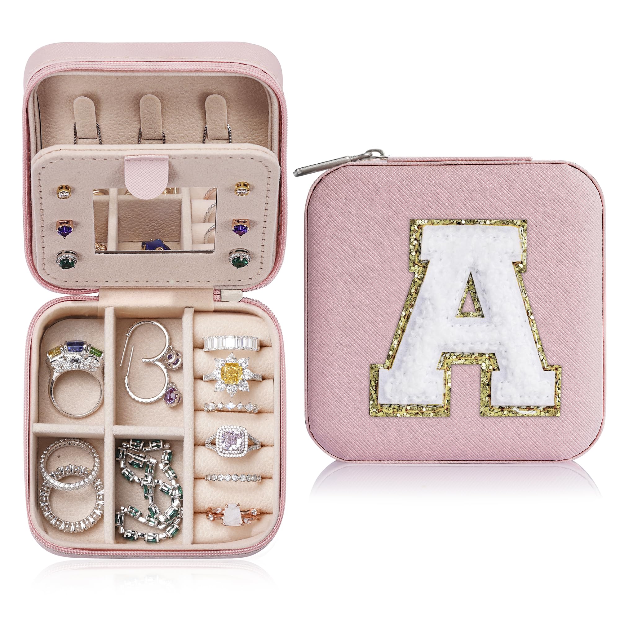 Parima Travel Jewelry Organizer Stocking Stuffers - Sturdy and Trendy Jewelry Box for Girls, Jewelry Case Ideas, Teen Girls Gifts Trendy Stuff, Birthday Christmas Gifts for Women Girls, Letter A, Pink