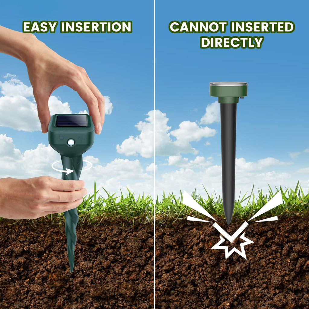 Mole Repellent Solar Powered, 4 Pack Snake & Skunk Repellent for Yard, IP 65 Waterproof Ultrasonic Deterrent Stakes, Get Rid of Rabbit, Gopher, Vole, Chipmunk, Deer, Groundhog for Lawns Garden