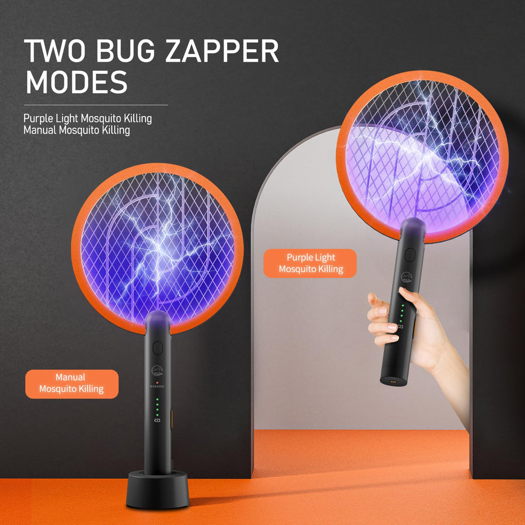 Electric Fly Swatter Racket, Mosiller 2 in 1 Smart Bug Zapper with USB Rechargeable Base, Powerful Mosquitoes Trap Lamp & Fly Killer with 3-Layer Safety Mesh for Home, Bedroom, Kitchen (Black（2 Pack）)