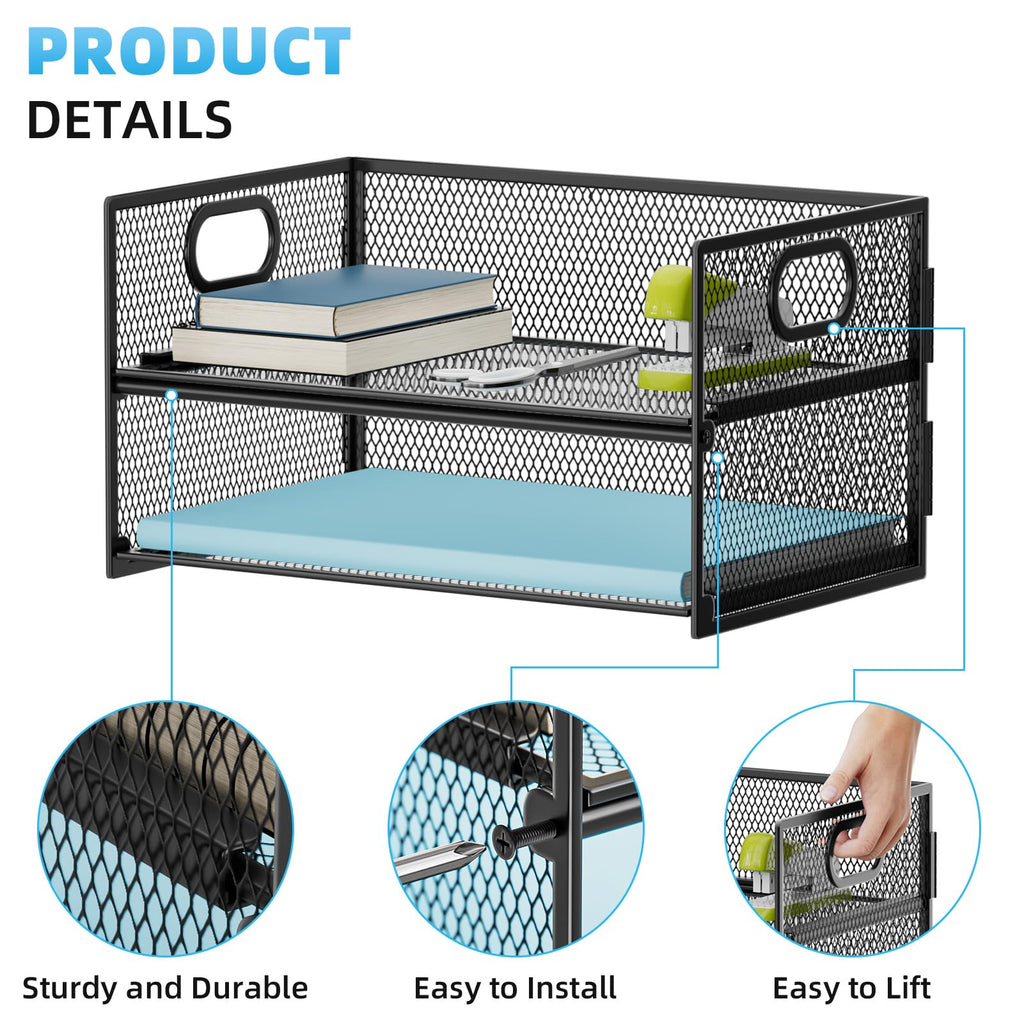 2 Tier Paper Organizer Letter Tray, Mesh File Organizer with Handle, Paper Sorter Desk Organizer for Home Office Supplies - Black