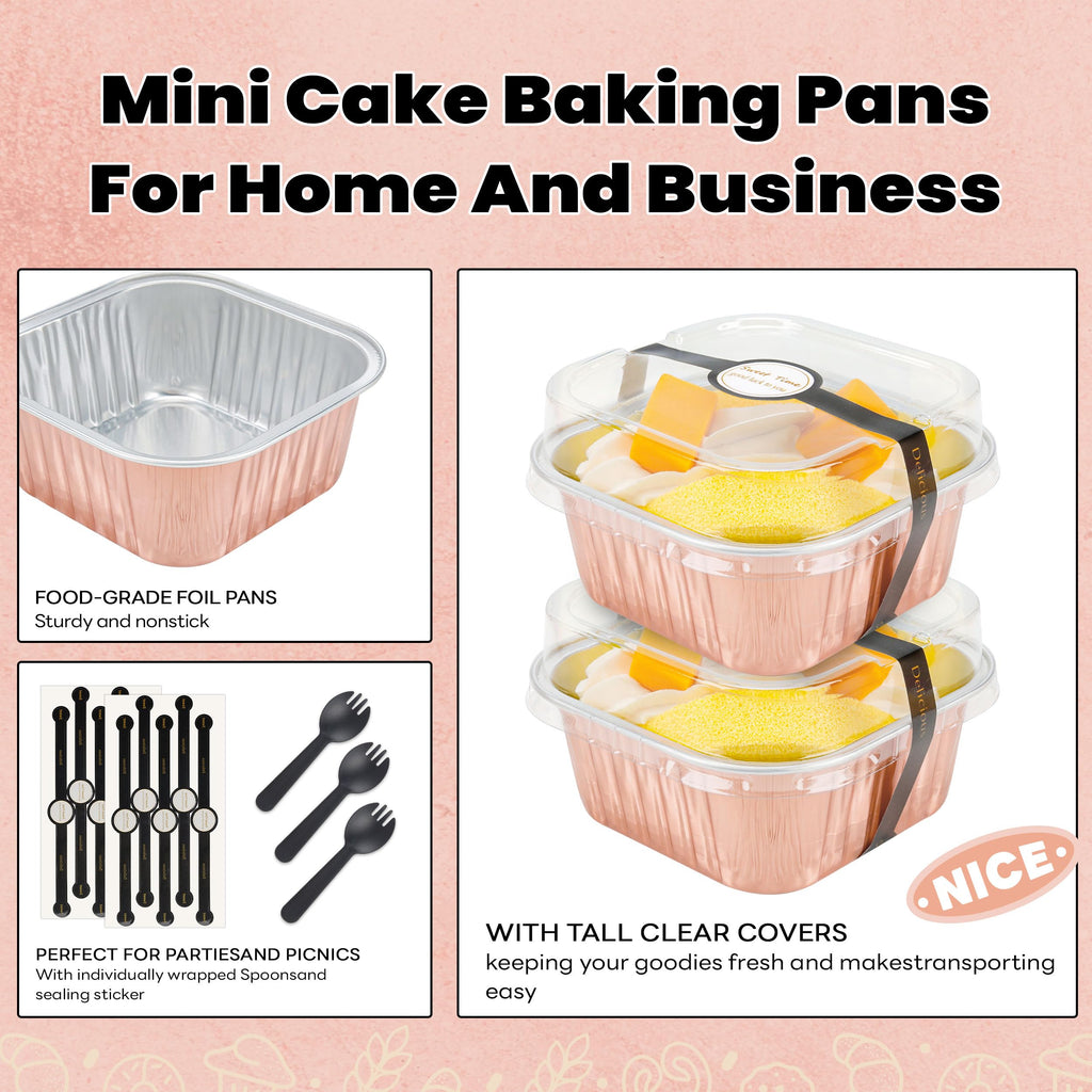 NPLUX 50 Pack Mini Cake Pans with Lids and Spoons Aluminum Foil Pans Square Cake Tins for Bakery Party Wedding (Champagne Color,5 oz)