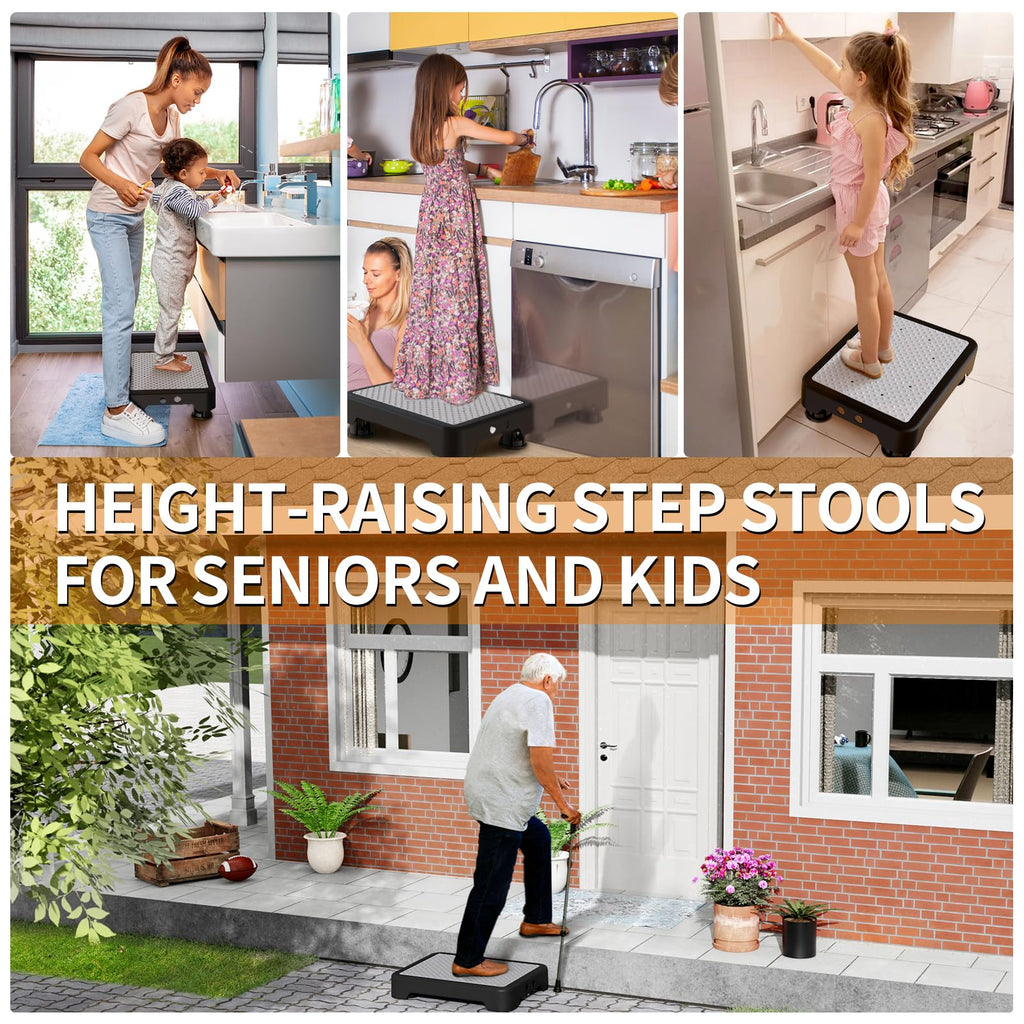 Ronlap One Step Stools for Adults, Portable Safety Step Platform for Seniors Small Plastic Bedside Step Stool Mobility Wide Step Stools Elderly Assistance for Shower Bed Car Stair Outdoor, Black-Gray