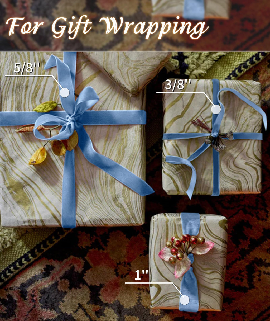 Blue Velvet Ribbon 5/8'' 25 Yards for Christmas Tree, Gift Wrapping, Flower Bouquet, Wreath Decorations, Bow Making