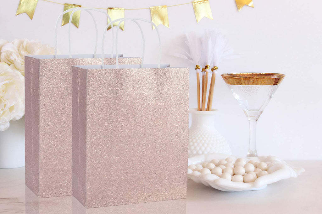 UNIQOOO 12 Pack Rose Gold Glitter Gift Bags w/ 12 Rose Gold 12 White Tissue Wrapping Paper | Kraft Paper Favor Bag for Wedding Bridal Shower Baby Shower Valentine's Day Holiday Anniversary Party
