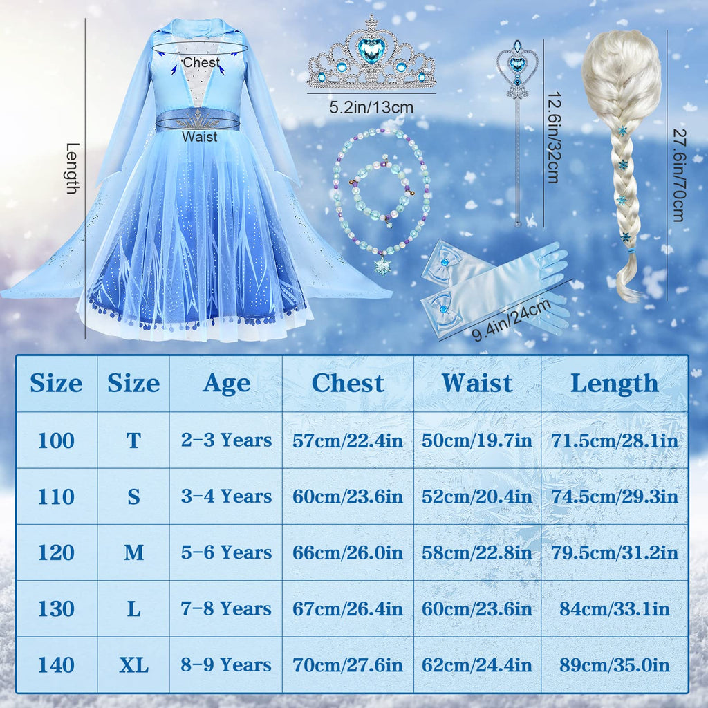 Tacobear 10Pcs Frozen Elsa Costume Dress For Girls Kids Toddler Princess Dress Up Clothes For Little Girls With Elsa Accessories Gloves Crown Wands Wig Necklace For 3T Kids Christmas Birthday Party