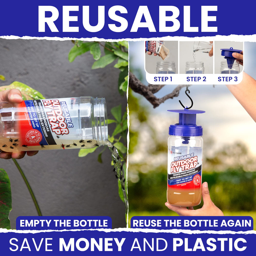2 Reusable Fly Traps Outdoor Fly Traps with 4 Natural Fly Magnet Bait Refill. Flies Trap Outdoor Reusable Fly Trap Jar Fly Trap Fly Catchers Outdoor Fly Bait Fly Bags Flytraps Stable Horse Fly Trap