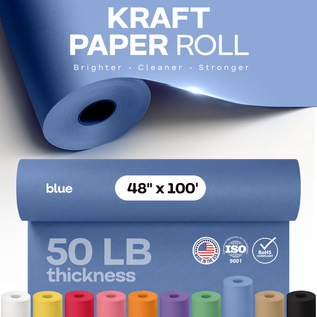 48" x 1200" (100 feet) Blue Kraft Paper Roll - USA-Made Quality Craft Paper for Gift Wrapping, Kids' Arts & Crafts, School Projects - 100% Recycled Natural Material 50lb Thickness by IDL Packaging