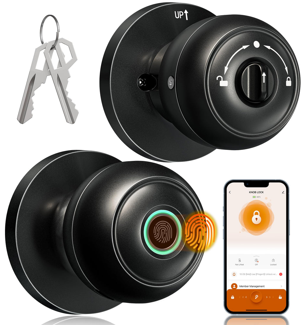 Veise Fingerprint Door Lock, Smart Door Knob with App Control, Biometric Smart Lock for Bedroom Door, Auto Lock, Great for Home, Offices, Pantry, Apartments, Garages, Matte Black